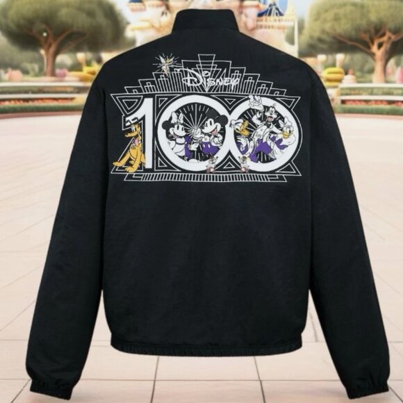 Disney 100 Mickey And Friends Black Art Deco Nylon Bomber Moto Jacket Size XXL - Picture 2 of 8